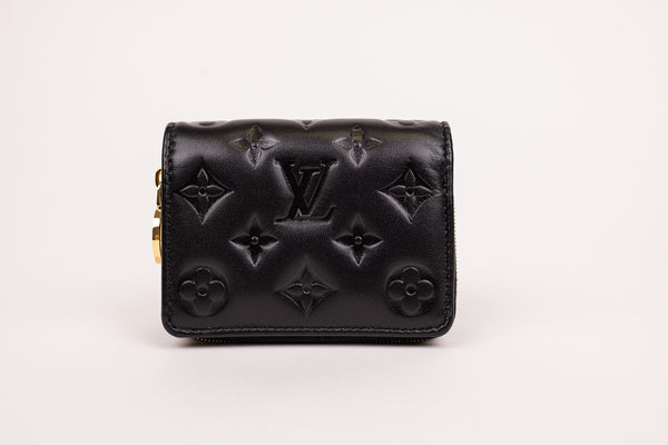 Louis Vuitton Black Embossed Lambskin Leather Puff Coussin Compact Wallet Embossed Monogram Wallet
