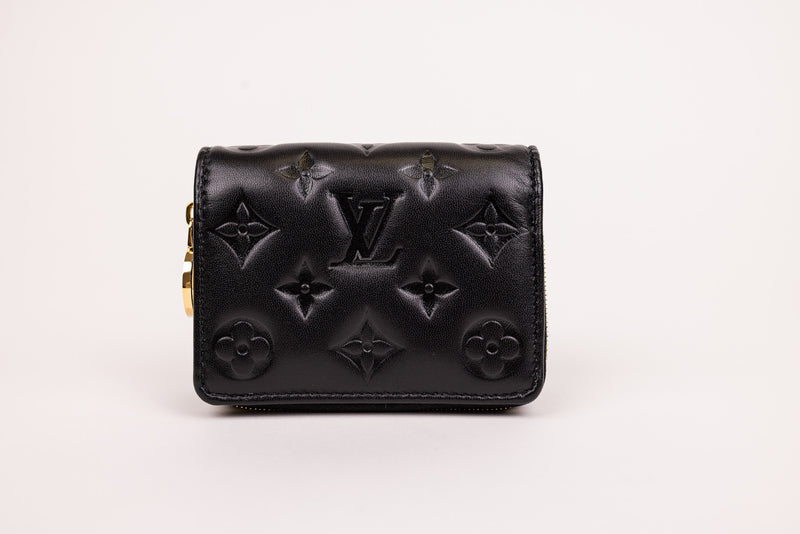 Louis Vuitton Black Embossed Lambskin Leather Puff Coussin Compact Wallet Embossed Monogram Wallet