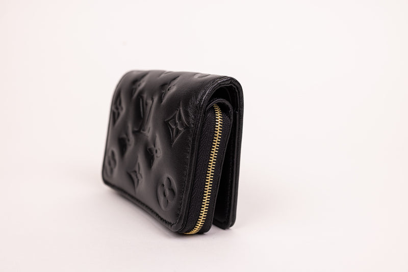 Louis Vuitton Black Embossed Lambskin Leather Puff Coussin Compact Wallet Embossed Monogram Wallet