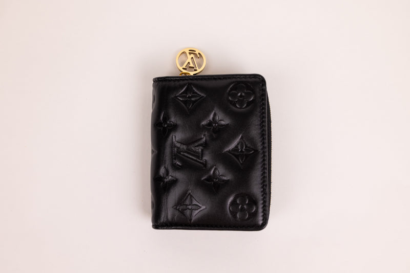 Louis Vuitton Black Embossed Lambskin Leather Puff Coussin Compact Wallet Embossed Monogram Wallet