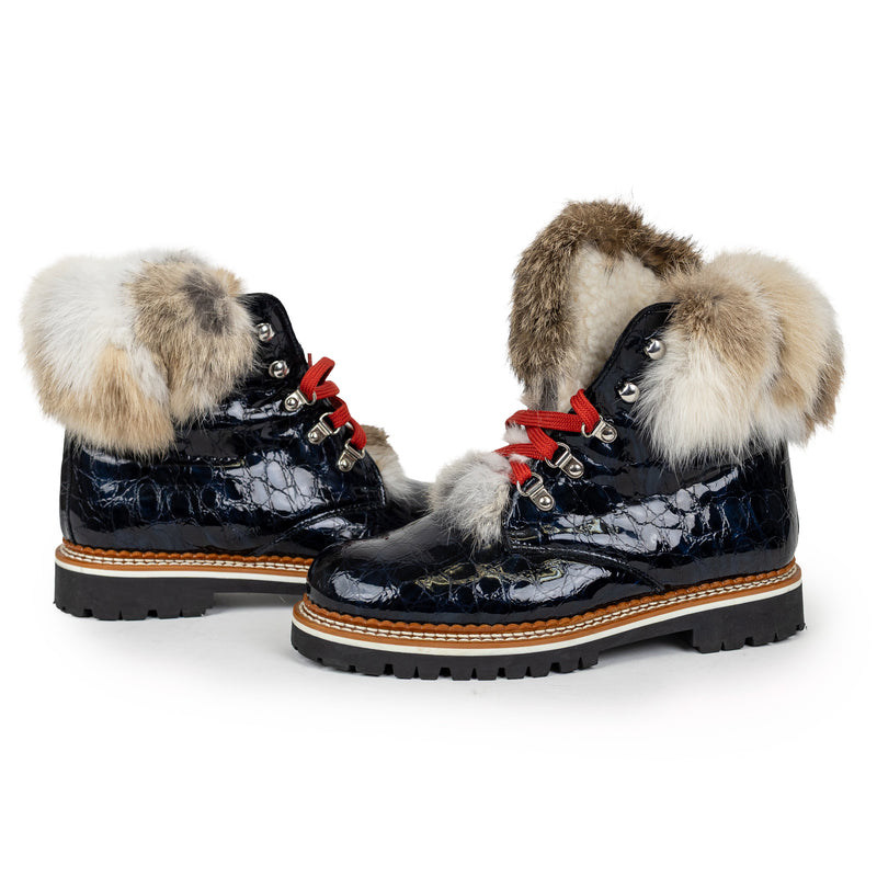 La Thuile Navy Blue Croc Embossed Fur Boots Size 40