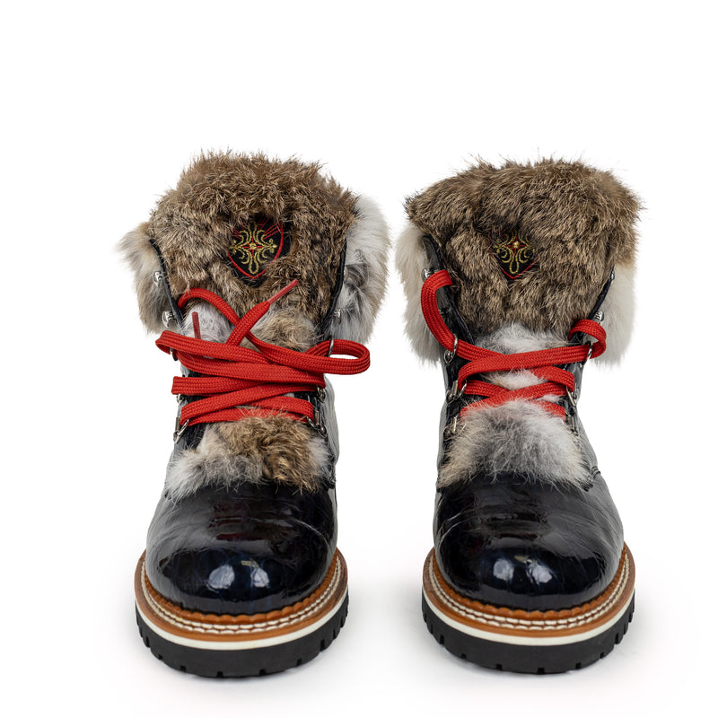 La Thuile Navy Blue Croc Embossed Fur Boots Size 40