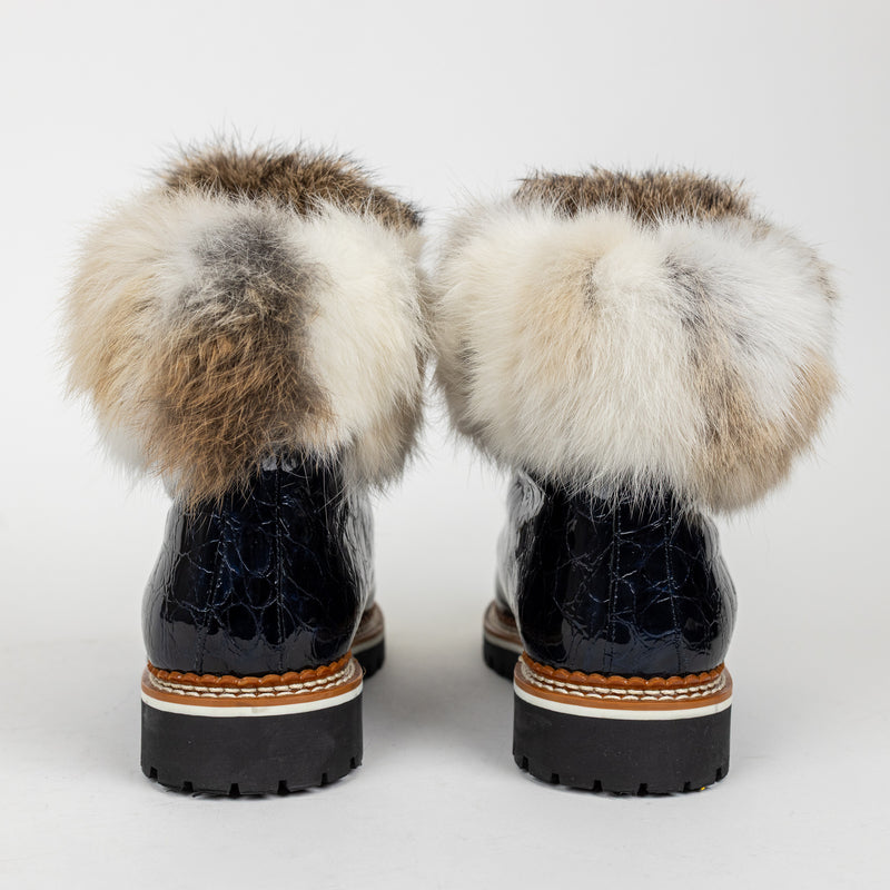 La Thuile Navy Blue Croc Embossed Fur Boots Size 40