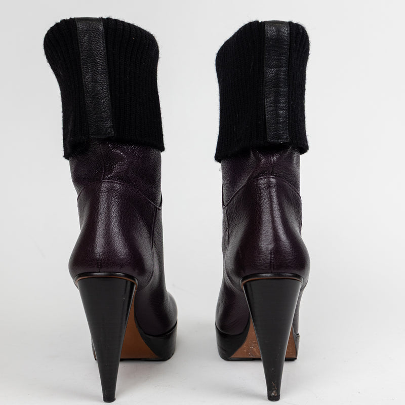 Lanvin Purple Black Fold Over Knit Boots Size 35