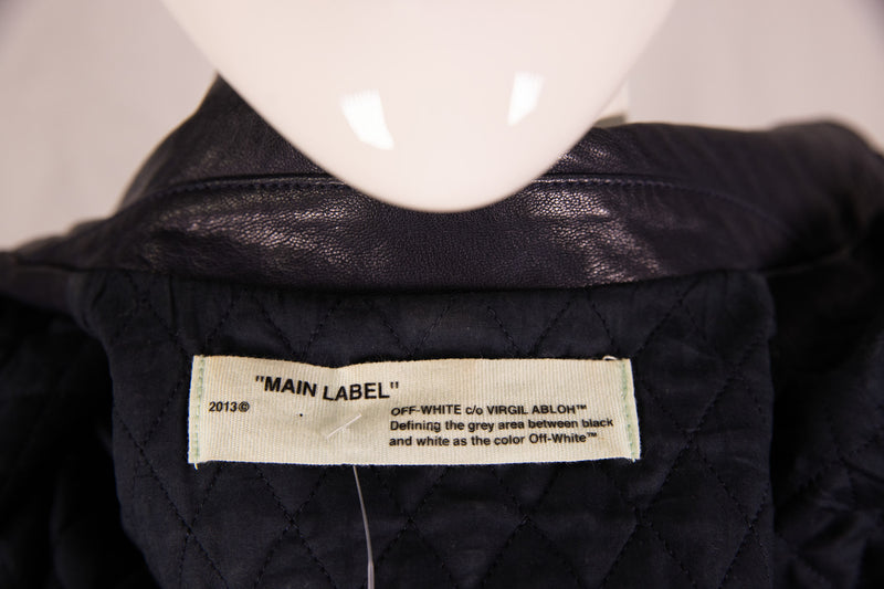 Off-White Navy Blue Printed Leather Aviator Jacket Size S