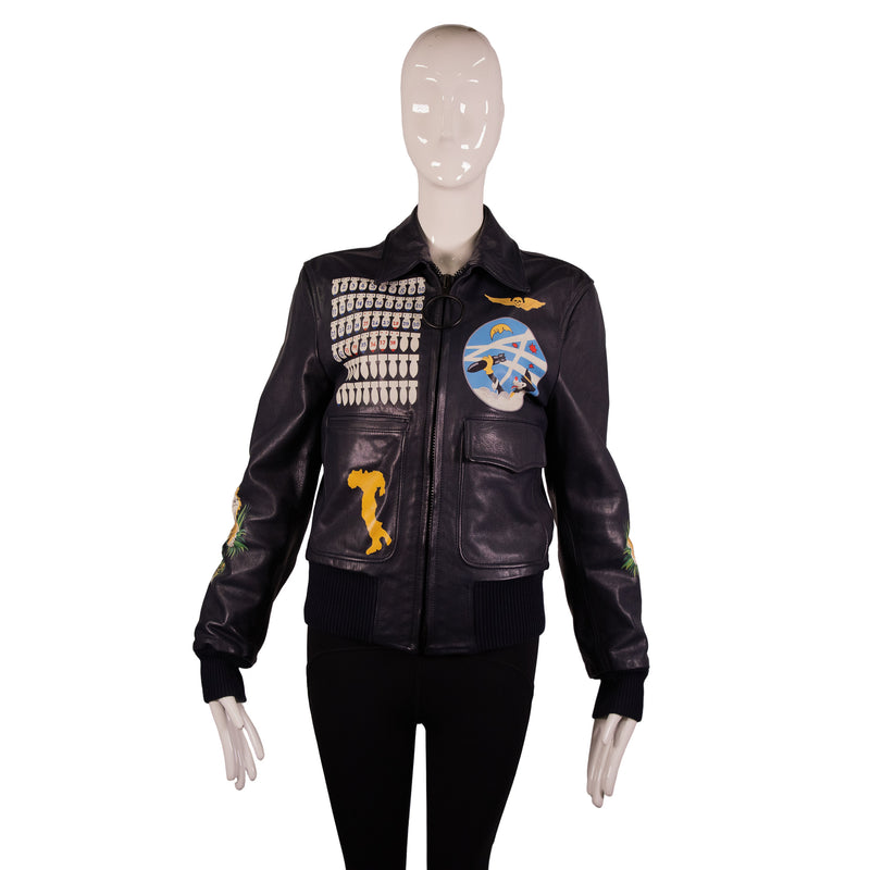 Off-White Navy Blue Printed Leather Aviator Jacket Size S