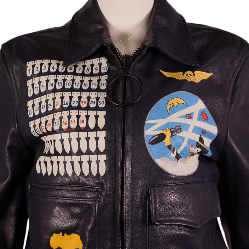 Off-White Navy Blue Printed Leather Aviator Jacket Size S