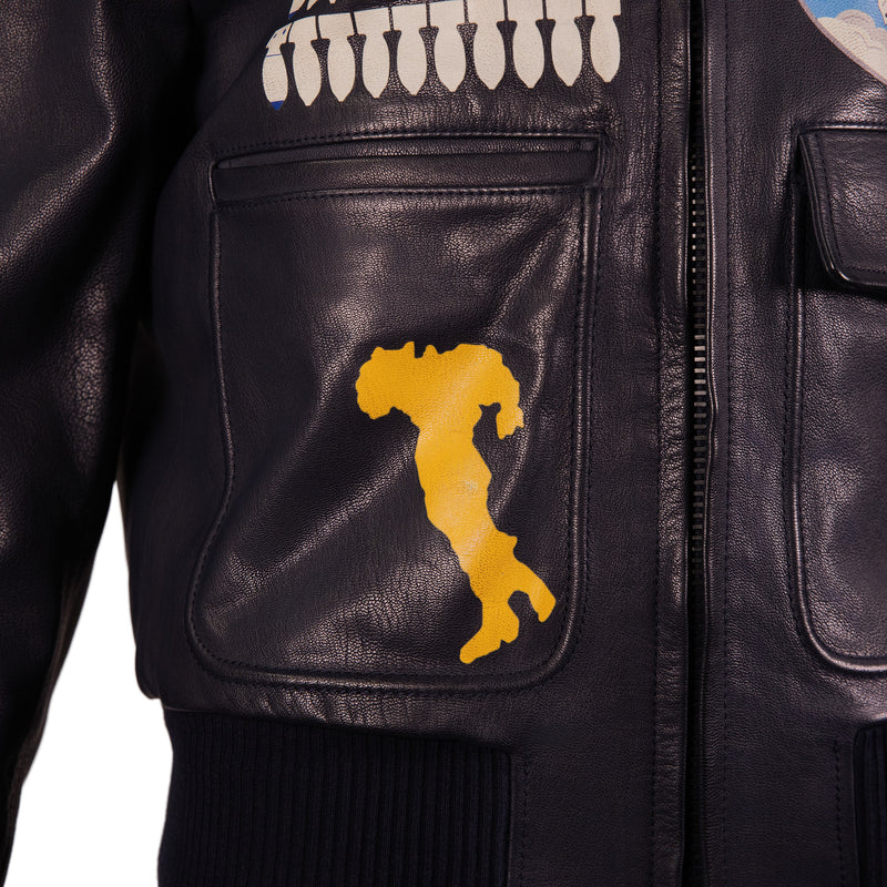 Off-White Navy Blue Printed Leather Aviator Jacket Size S