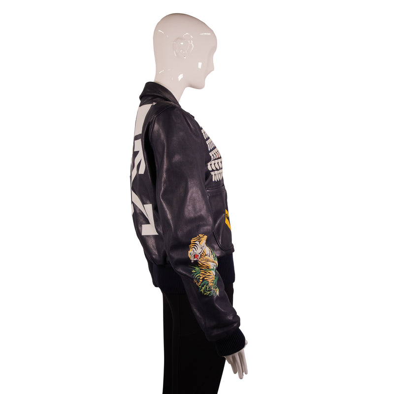 Off-White Navy Blue Printed Leather Aviator Jacket Size S