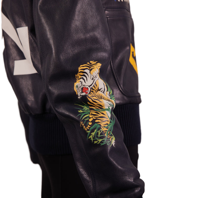 Off-White Navy Blue Printed Leather Aviator Jacket Size S