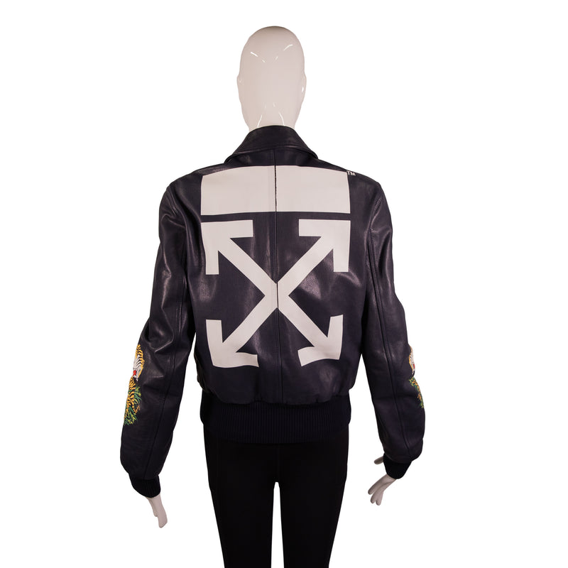 Off-White Navy Blue Printed Leather Aviator Jacket Size S