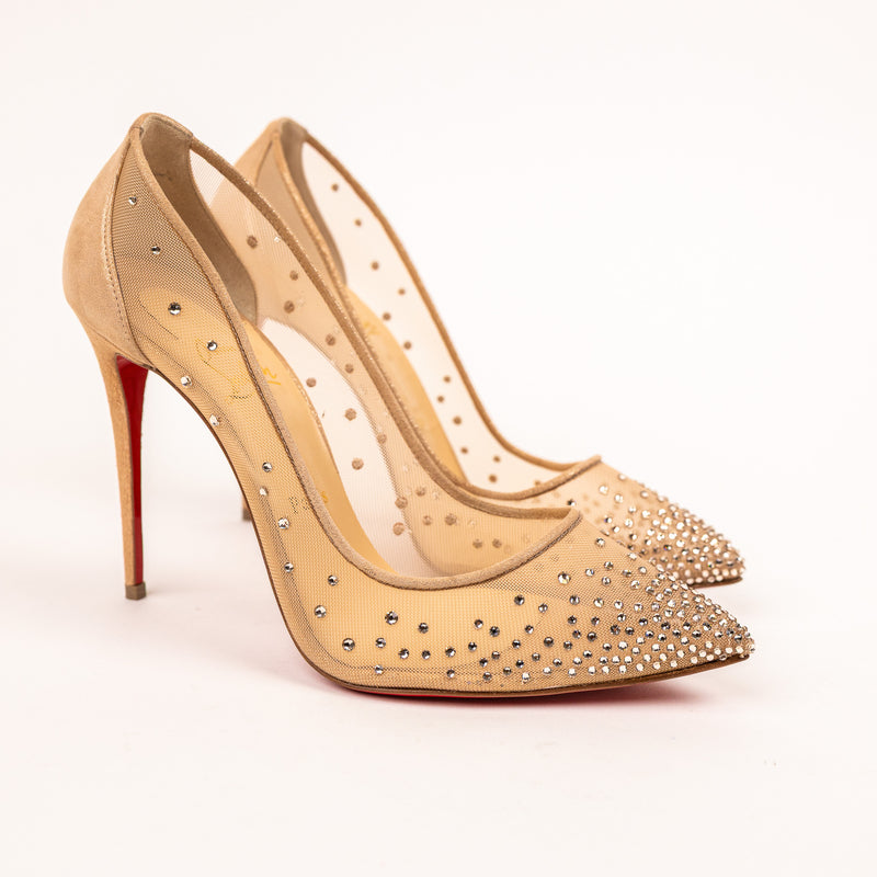 Christian Louboutin Pink Nude Suede Strass Follies 100 Pumps Size 39.5