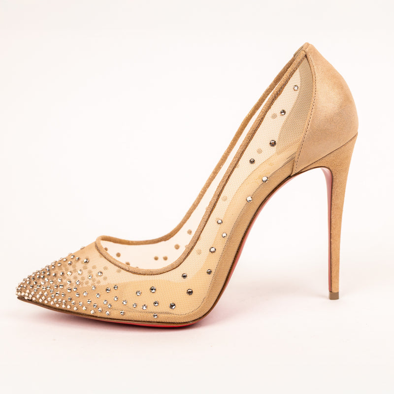 Christian Louboutin Pink Nude Suede Strass Follies 100 Pumps Size 39.5
