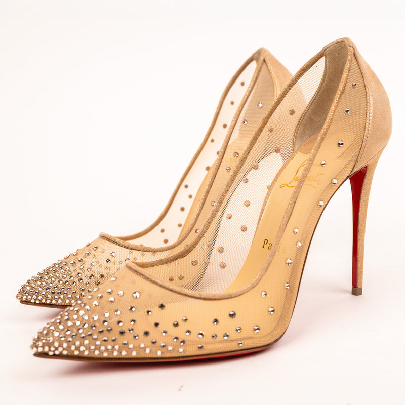 Christian Louboutin Pink Nude Suede Strass Follies 100 Pumps Size 39.5