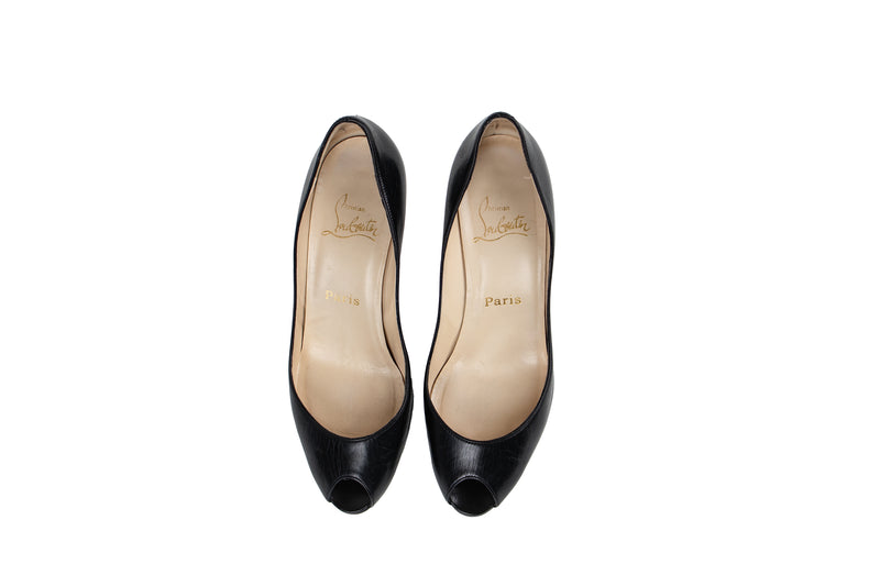 Christian Louboutin Black Leather Open Toe Kitten Heels Size 39