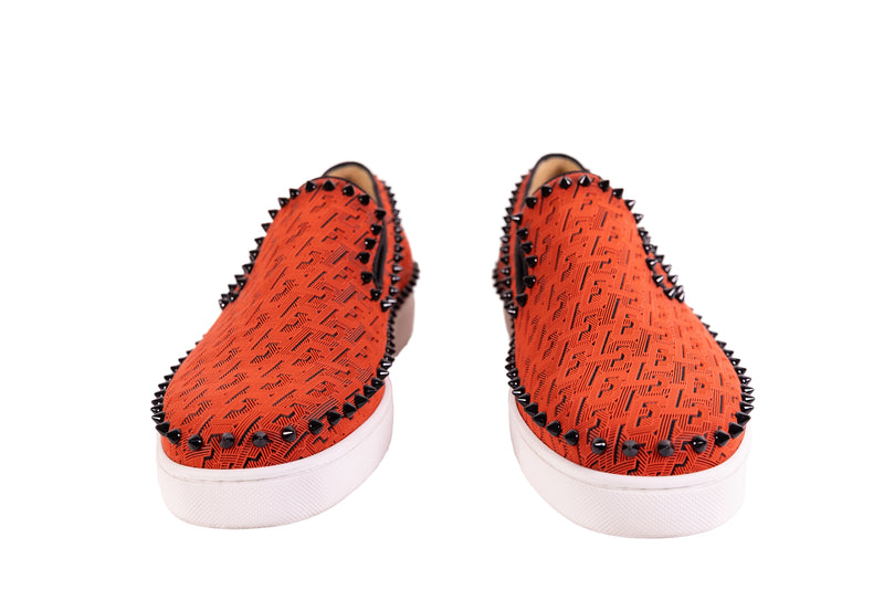 Pre-Owned Christian Louboutin Red on Black Spike Fabric Slip On
