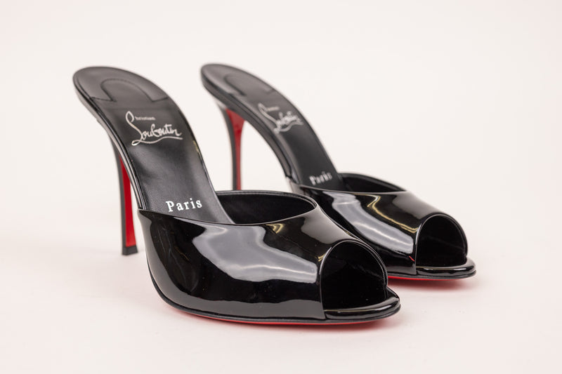 Christian Louboutin Show Me Dolly Black Patent Open-Toe Mules Size 38.5