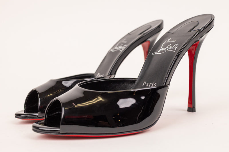 Christian Louboutin Show Me Dolly Black Patent Open-Toe Mules Size 38.5