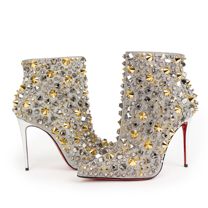 Christian Louboutin Silver Gold Glitter Spike Booties 38.5