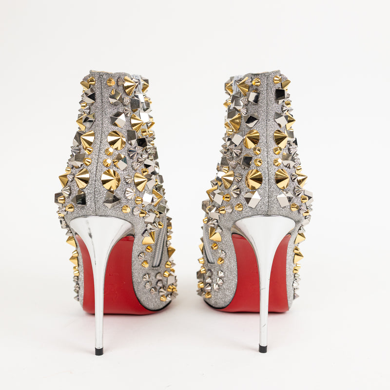 Christian Louboutin Silver Gold Glitter Spike Booties 38.5