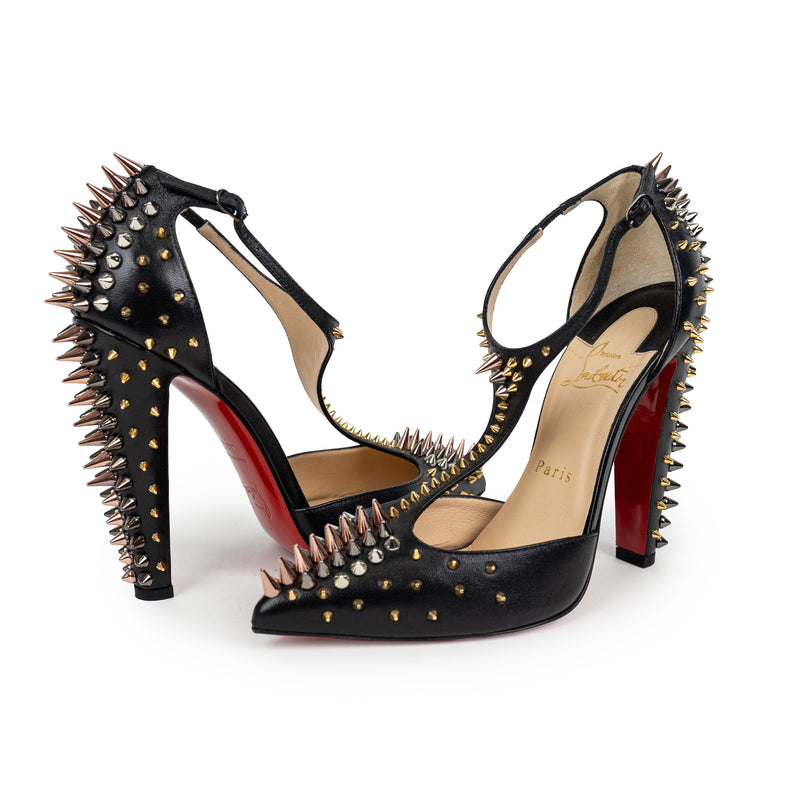Christian Louboutin Black Goldostrap Spike T-Strap Heels Size 38.5