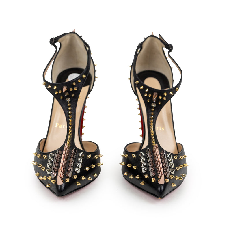 Christian Louboutin Black Goldostrap Spike T-Strap Heels Size 38.5
