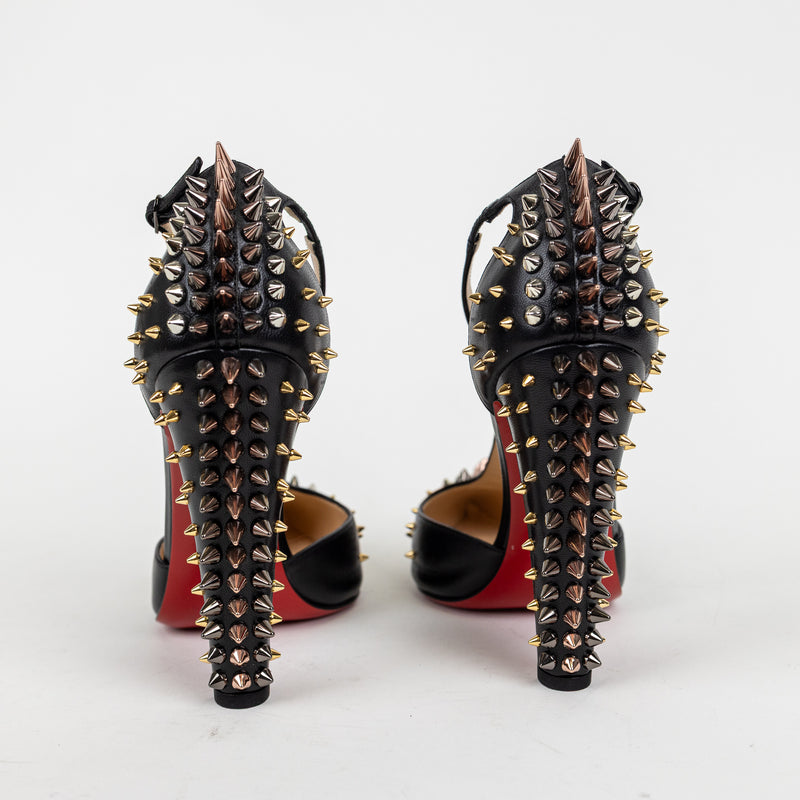 Christian Louboutin Black Goldostrap Spike T-Strap Heels Size 38.5