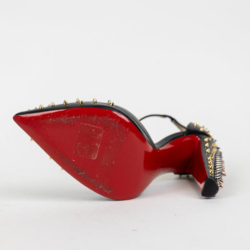 Christian Louboutin Black Goldostrap Spike T-Strap Heels Size 38.5