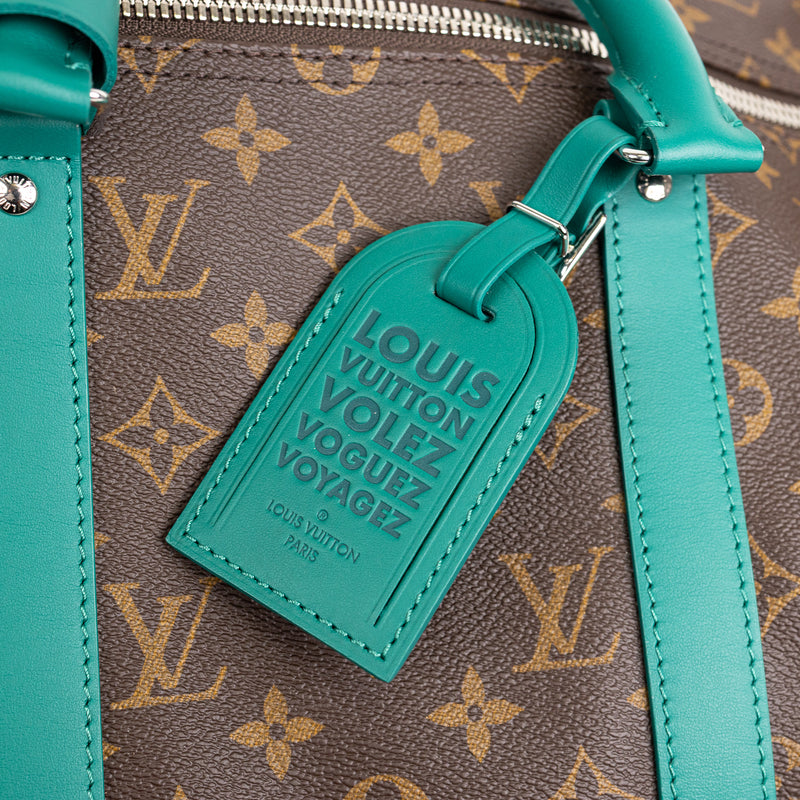 Louis Vuitton Brown Monogram Green Leather Keepall Bandoulière 50 Duffle Travel Bag