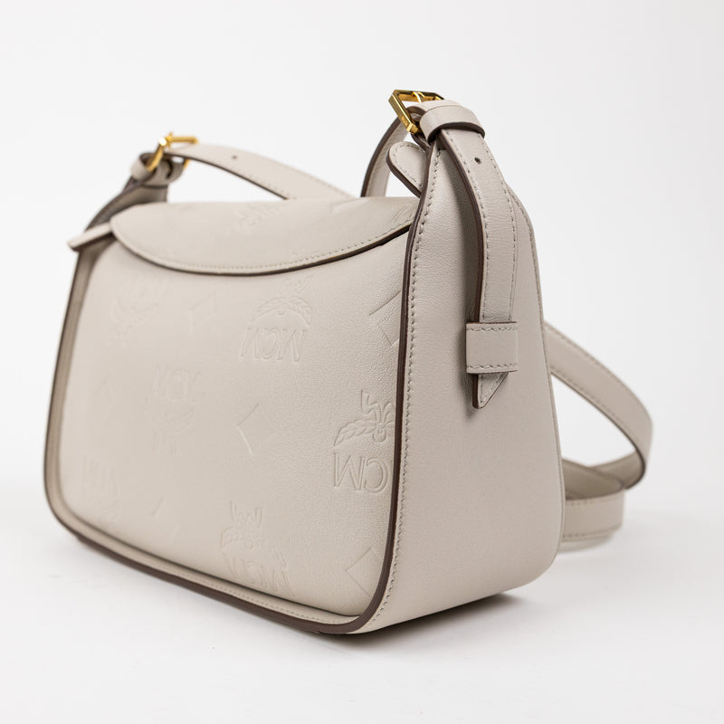 MCM Cream Embossed Leather Aren Hobo Crossbody