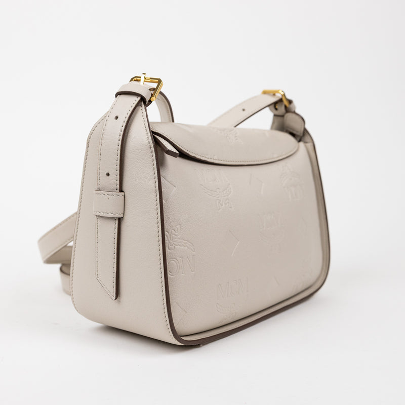 MCM Cream Embossed Leather Aren Hobo Crossbody