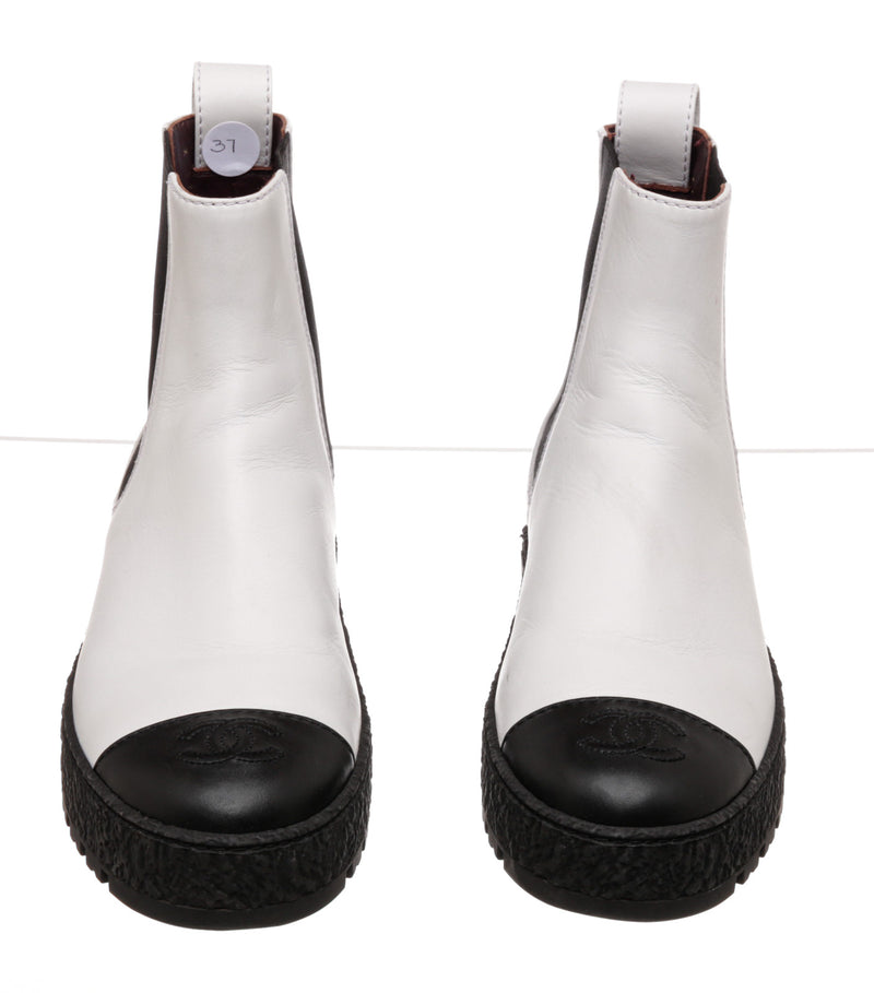 Chanel White and Black Leather Chelsea Boots Size 37