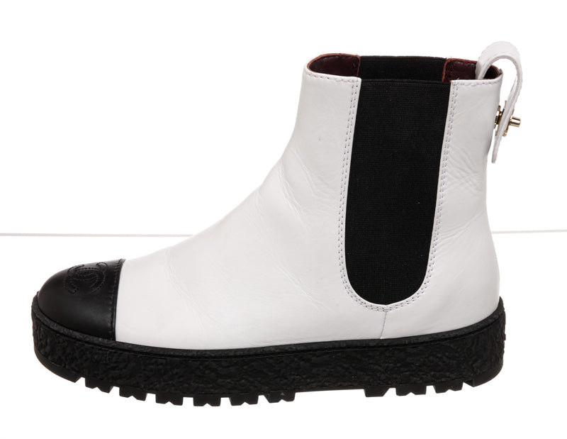 Chanel White and Black Leather Chelsea Boots Size 37
