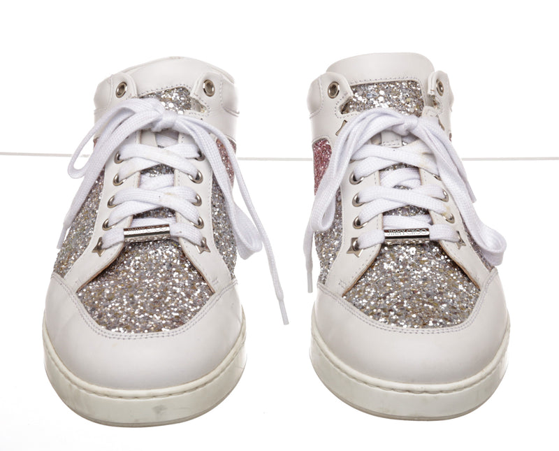 Jimmy Choo White Leather and Glitter Sneakers Size 39.5