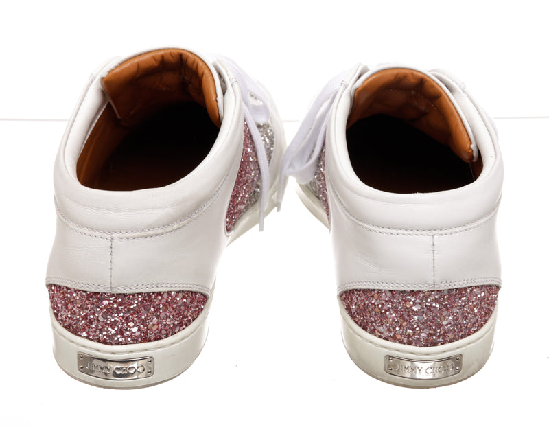 Jimmy Choo White Leather and Glitter Sneakers Size 39.5