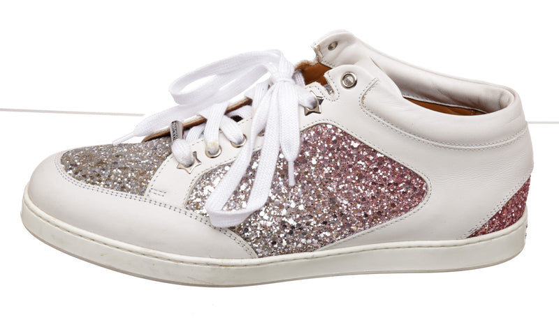 Jimmy Choo White Leather and Glitter Sneakers Size 39.5
