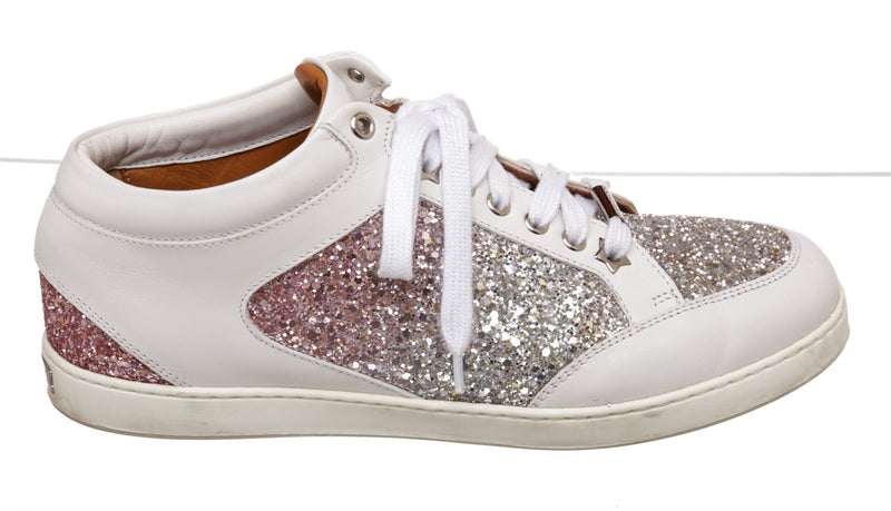 Jimmy Choo White Leather and Glitter Sneakers Size 39.5