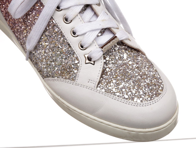 Jimmy Choo White Leather and Glitter Sneakers Size 39.5