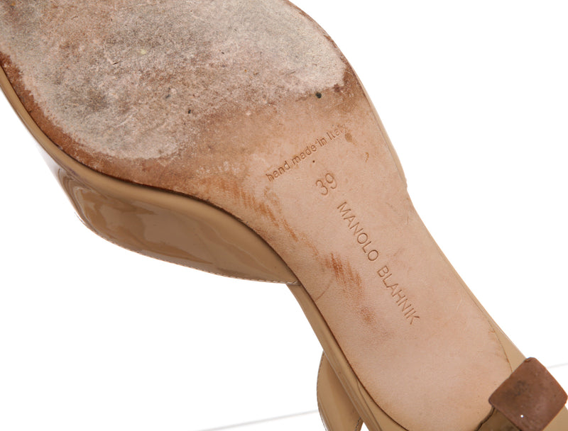 Manolo Blahnik Beige Patent Leather Carolyn Slingback Sandals Size 39