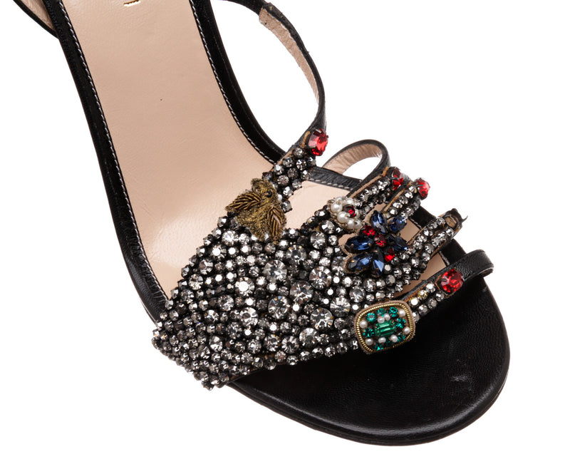 Gucci Black Leather and Multicolor Crystal Wrap Sandals Size 38.5