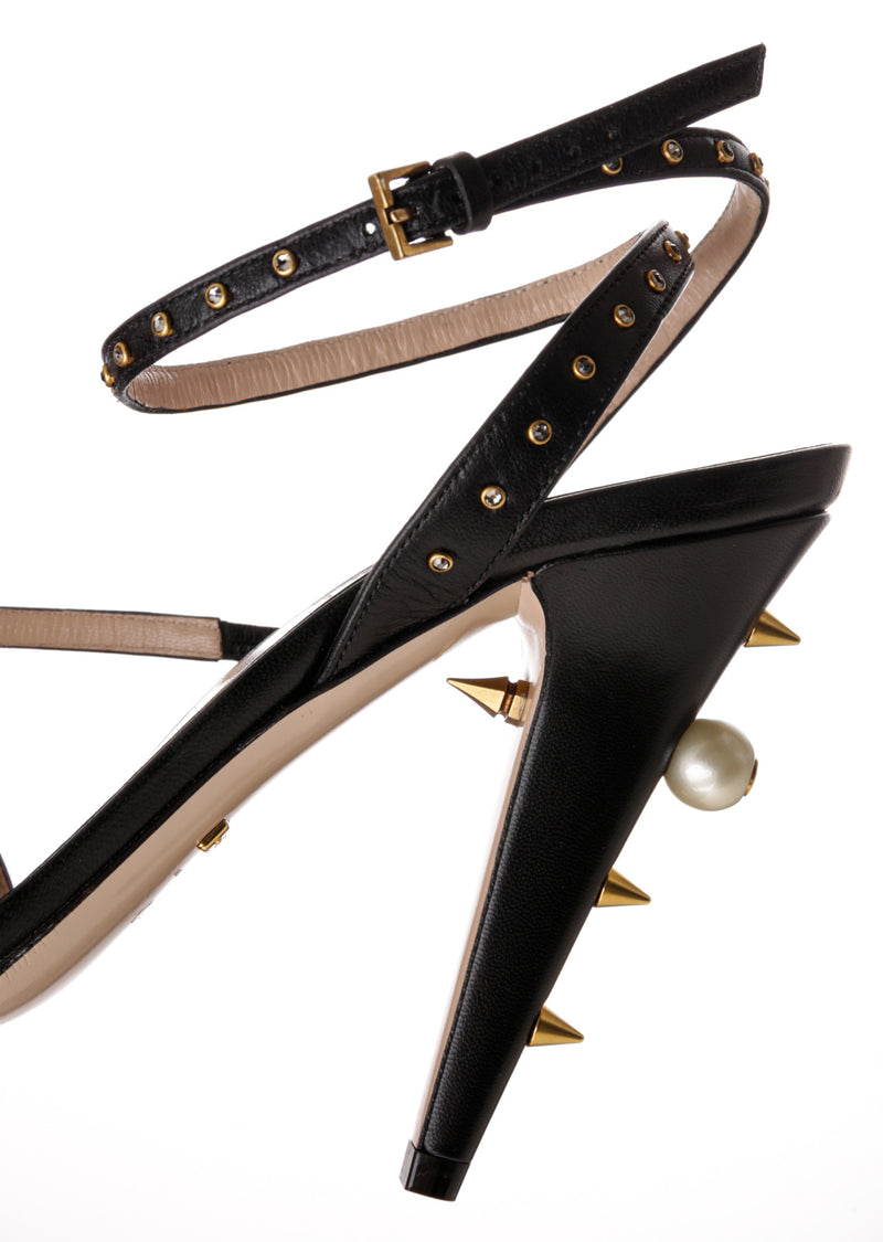Gucci Black Leather and Multicolor Crystal Wrap Sandals Size 38.5