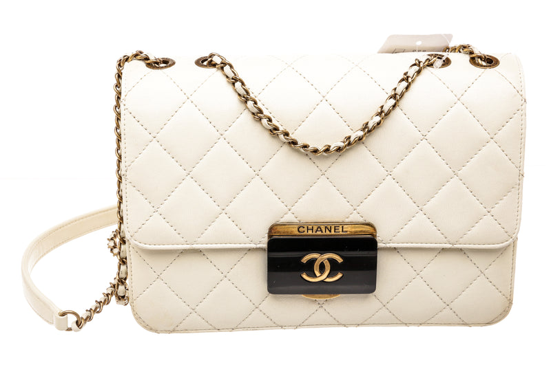 Chanel Sheepskin White Quilted Leather Mini Beauty Lock Flap