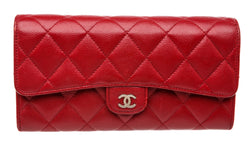 Chanel Red Caviar Leather Long Wallet Silver CC