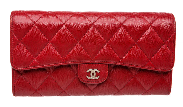 Chanel Red Caviar Leather Long Wallet Silver CC – On Que Style