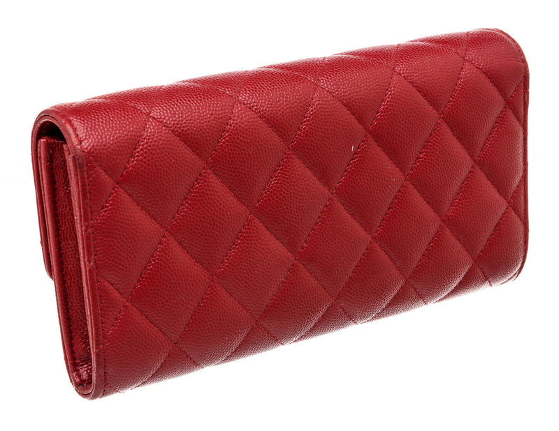 Chanel Red Caviar Leather Long Wallet Silver CC