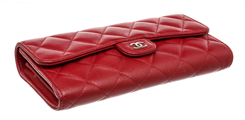 Chanel Red Caviar Leather Long Wallet Silver CC
