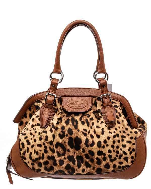 Dolce & Gabbana Brown Leopard Print Canvas and Leather Animalier Zip Satchel
