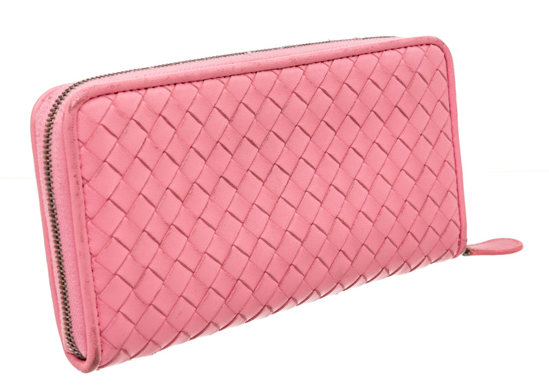 Bottega Veneta Pink Leather Nappa Intrecciato Zip Around Wallet