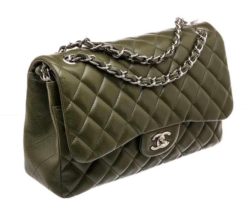 Chanel Dark Green Quilted Caviar Leather Jumbo Classic Double Flap Silver Hardware
