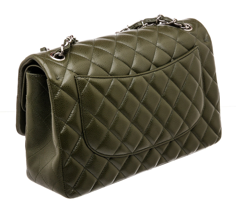Chanel Dark Green Quilted Caviar Leather Jumbo Classic Double Flap Silver Hardware